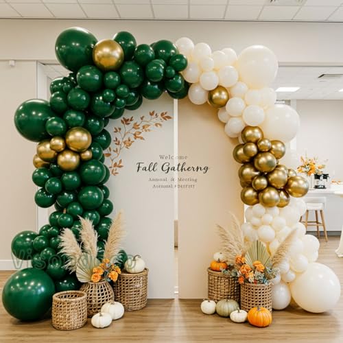Green and Gold Balloon Arch Kit – Double Stuffed Dark Green, Emerald, Cream and Metallic Gold Balloons for Birthday, Graduation, Jungle, Safari, Wedding, Baby Shower, Fall Party Decor