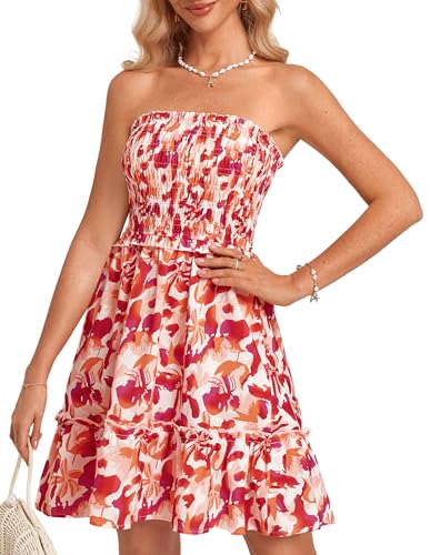 GRACE KARIN Damen A-Linien Blumenkleid Sommer Casual Röhnrenoberteil Strandkleid Freizeitkleid Weiß-rot Blumen XL