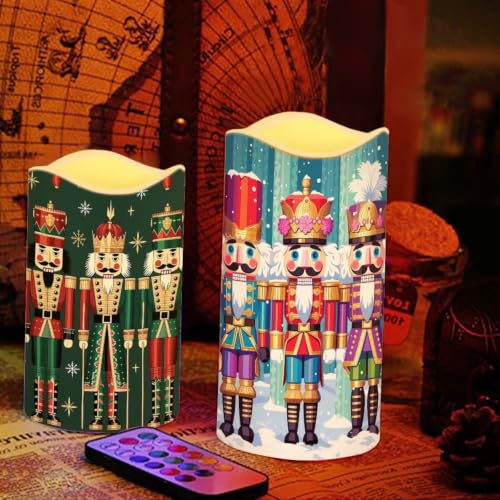 Image of Christmas Flameless LED Candles Set of 4 | Nutcracker, Xmas Battery Operated Candles with Remote Control, Electric Pillar Candles for Holiday Party Decorations