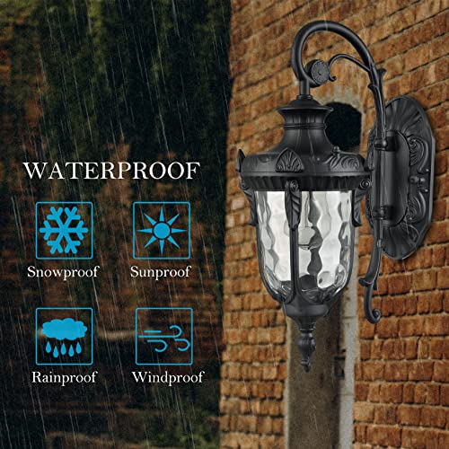 Samteen Outdoor Wall Light Fixtures Black 15.8" H Exterior Wall Lantern With Hammered Glass Shade Wall Sconce Waterproof Outside Porch Light For House Yard Doorway #TOP4