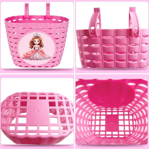 Dankeler Girls Pink Bike Basket, Cute Bicycle Front Handlebar Basket, Adjustable Plastic Tricycle Basket for Kids, Baby Girls, Toddlers (Princess) - Thumbnail 2