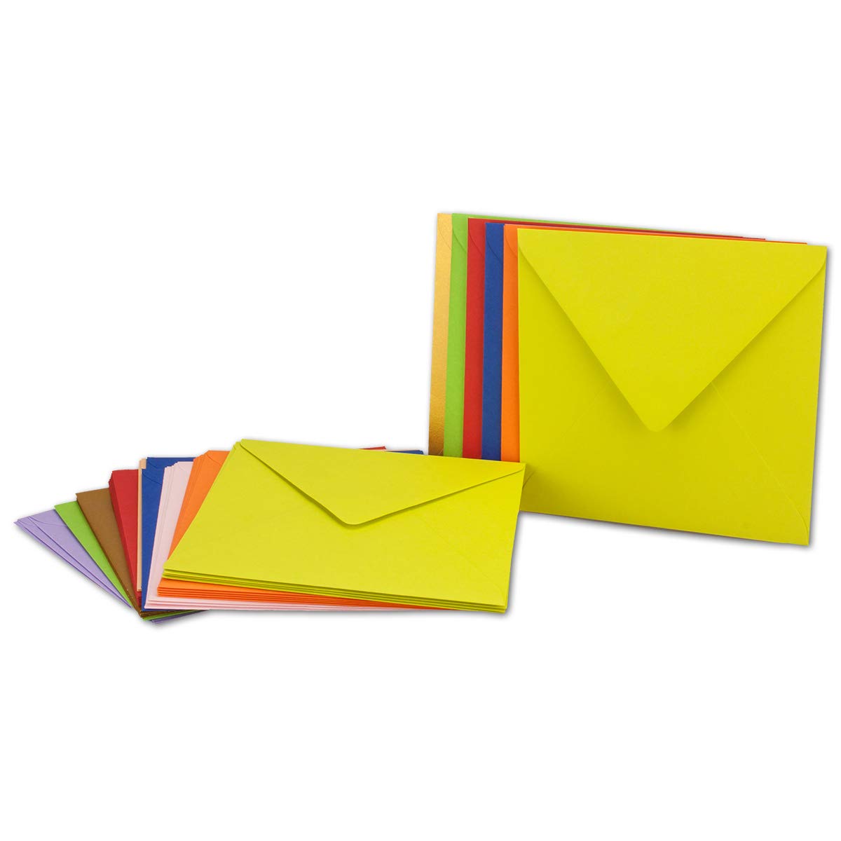 400x farbige Brief-Umschläge gemischt - quadratisch - 155 x 155 mm - bunte Mischung - Haftklebung/Nassklebung - Mit und Ohne Futter - GUSTAV NEUSER