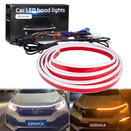 GZRUICA Car Hood Light Strip 220CM Exterior LED Strip for Hood Flexible Waterproof Dynamic Scan White&Amber Switchback Sequential Turn Signal DC12V Daytime Running Light for Car, Trucks