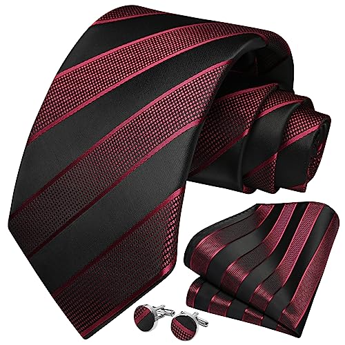 Image of HISDERN Mens Ties Set Stripe Plaid Ties for Men and Pocket Square Cufflinks Formal Silk Necktie Wedding Business