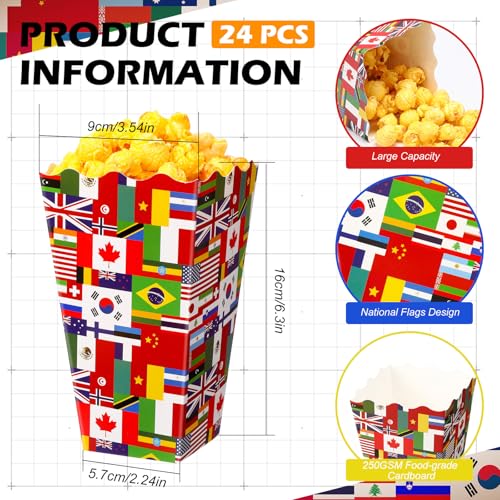 Image of SiliFine 24 Pcs International World Flags Popcorn Boxes for Movie Night, Around the World Party Supplies, Multicultural Decorations Popcorn Containers, Sport Party Travel Trip Retirement Supplies