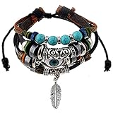 Branets Boho Leder Evil Eye Armband für Männer Perlen Feder Charm Handgelenk Manschette Verstellbares Armband für Männer und Frauen, 23 cm, Leder