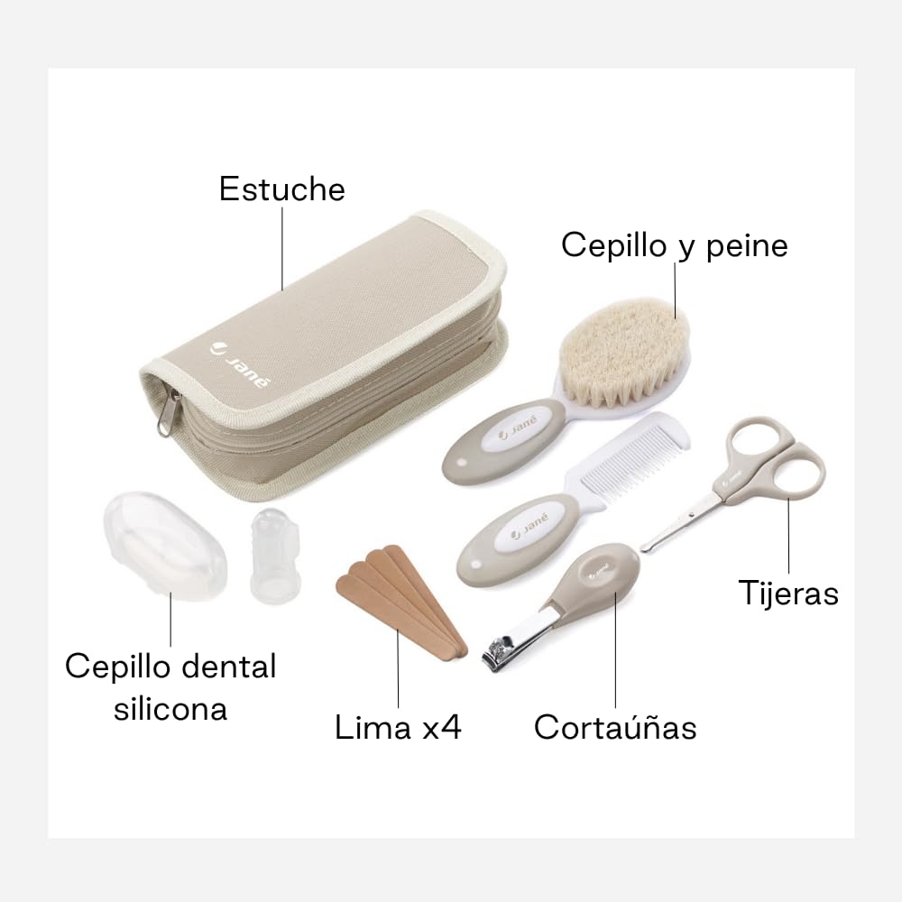Jané Set de Higiene Bebé Basic con Neceser, Peine, Cepillo Cerdas Naturales, Tijeras, Cortauñas, Limas y Cepillo Dental Silicona, Beige
