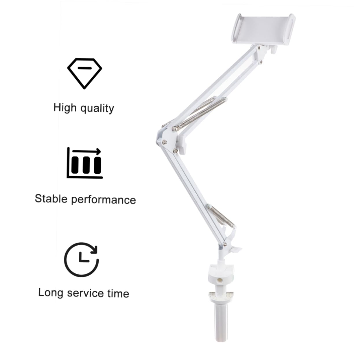 Soporte para Teléfono Brazo Articulado y Rotación 360° | Hierro y Plástico, Clip, Instalación Sencilla, para Móvil y Tableta, Color Blanco