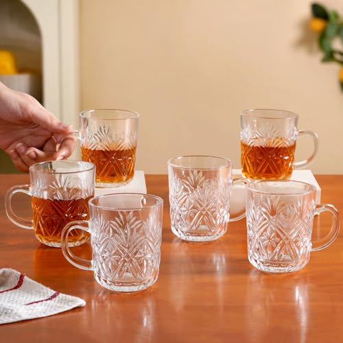 Image of Nestasia Set of 6 Transparent Glass Tea Cups (230ml Each) - Diamond Embossed Durable & Chip-Resistant Coffee Mugs | Perfect for Coffee, Tea, Hot & Cold Beverages