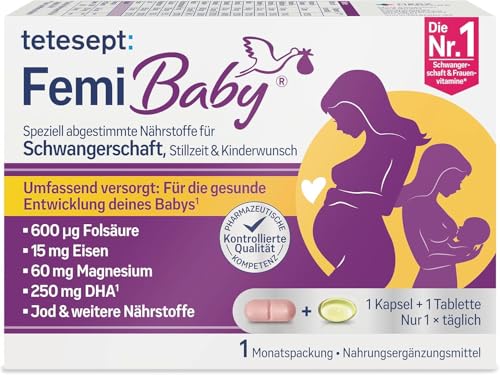 tetesept Femi Baby – 16 Nährstoffe für Kinderwunsch, Schwangerschaft & Stillzeit – mit Folsäure, Eisen, Jod + DHA – 1 x Monatspackung à 30 Tabletten + 30 Kapseln NEU