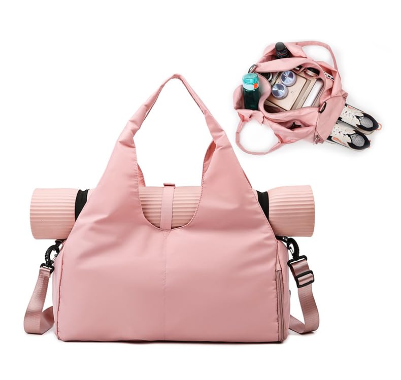Fullishment Bolsa de ginástica para ioga - Bolsa de ginástica de grande capacidade com suporte para tapete de ioga, bolsa de treino resistente à água para viagens e exercícios diários, rosa