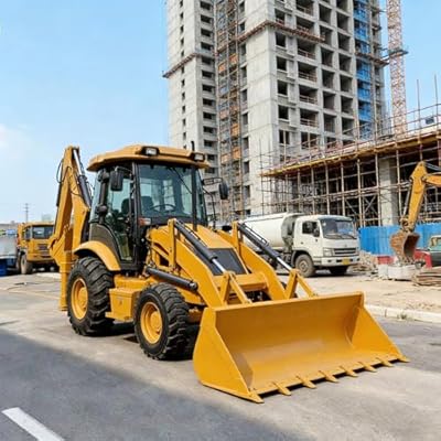 Compact Backhoe Loader Tractor with Advanced Hydraulic System, Mini Wheel Backhoe Loader with Front Loader and Foldable Rear Excavator for Construction and Farm Work
