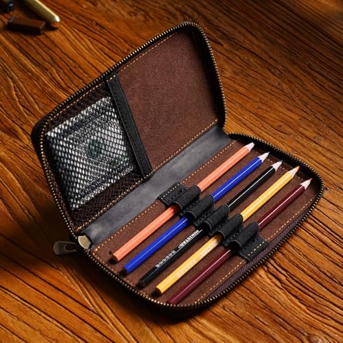 Image of Genuine Leather 5-Slot Pencil Case, Portable Travel Pen Organizer | Versatile organizer for art supplies, office essentials, makeup brushes, suitable for men, women, students, artists.coffee