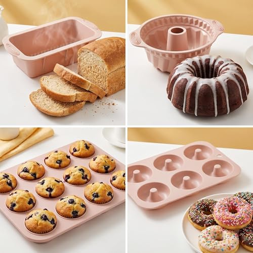 Nonstick Silicone Bakeware Set, 6 set Baking Cake Pan, Economical BPA Free Heat Resistant Bakeware Tools for DIY Loaf Bread Cheesecake Pizza Cupcake Muffin (Pink) by YADASWELL - Image 7