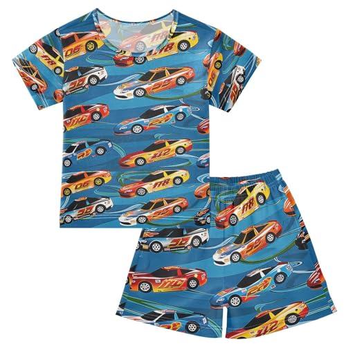 ALAZA Racing Car Blue Pajamas Set Short Sleeve Cotton Sleepwear Summer Pjs 2 Piece 5-14Y