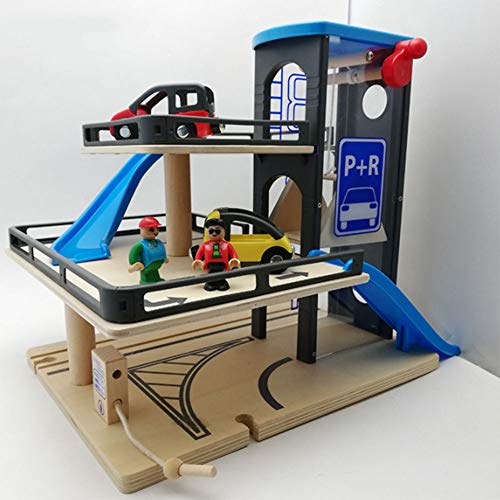 Aiya Parking Garage, Piste en Bois 3 étage Jouet Garage en Bois Parking Parc de Voiture Jouet pour 3-6-10 années Vieux Atelier Automobile en Bois Parking Garage Playset avec accessorie
