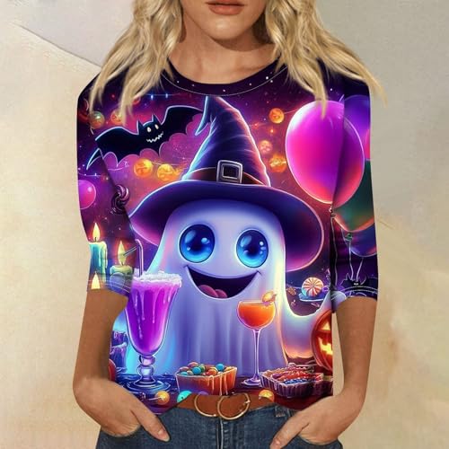 Halloween Shirts for Women 3/4 Sleeve Plus Size Crewneck Loose Fit Cute T Shirt Halloween Costumes for Women 2025