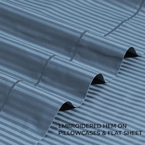 Image of Feather & Stitch 500 TC Split King Size Damask Bed Sheet Set, 100% Cotton Soft Breathable Bedsheets, 5 Piece 18 inch Deep Pockets Sateen Weave Striped Bedding Mattress Resort Hotel Luxury - (Blue Stripe)