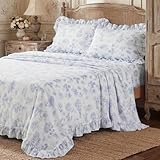 CrystalSylara Blue Floral Ruffle Sheets Queen Size Set 4 Piece French Country Bedding Vintage Farmhouse Floral Sheet Set Home Bedroom Decor White Sheets with Blue Flowers