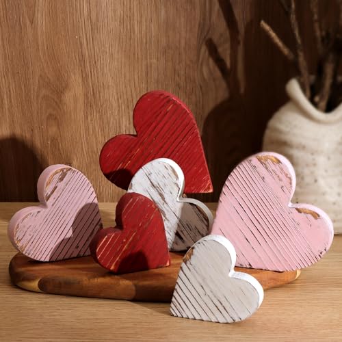 Valentines Day Tiered Tray Decor: 6pcs Red Pink White Rustic Distressed Wood Heart Table Decorations Sign, Vintage Galentines/Valentine Decorations for the Home Table Décor Anniversary, Rustic Style