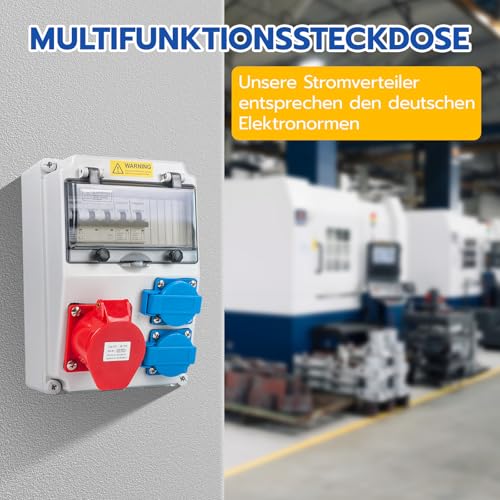 WSPIHO Baustromverteiler 16A mit Leitungsschutzschalter,Wandverteiler mit CEE Steckdose 16A,Starkstrom Verteiler Wasserdicht Außen(2x16A 1P LS+32A 3P LS)