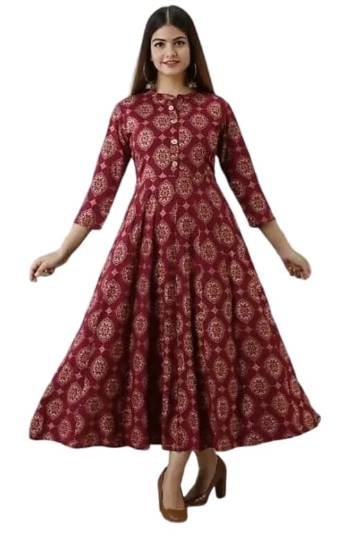 Raj Fashion Women's 3/4th Sleeves Round Neck Floral Printed Calf Length Flared Ethnic Gown-image-19
