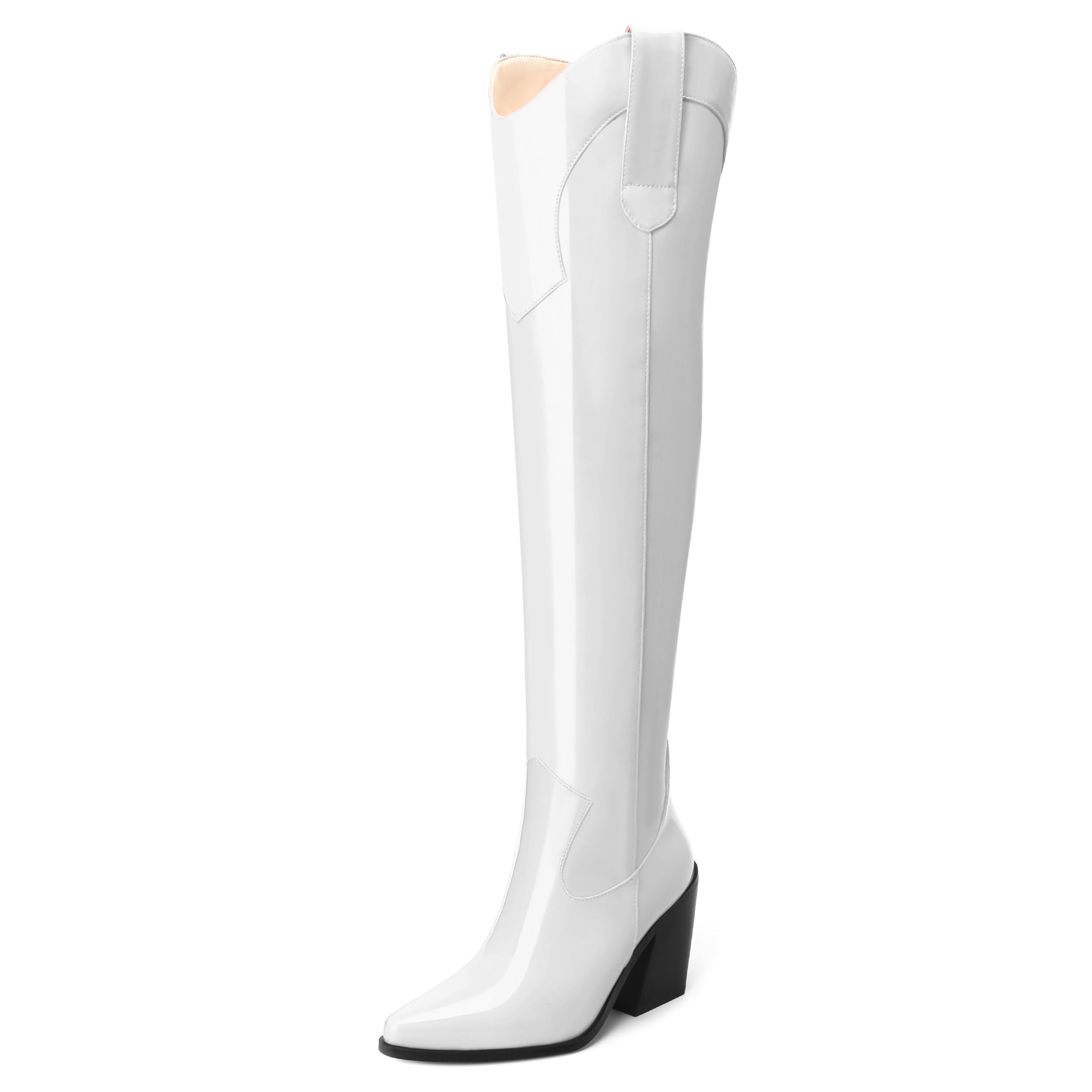 MOVINSTEPS Thigh High Boots for Women Over the Knee Boots Patent Chunky High Heel Pointed Toe Pull on Long Boots Elegant Classic Fashion Tall Boots