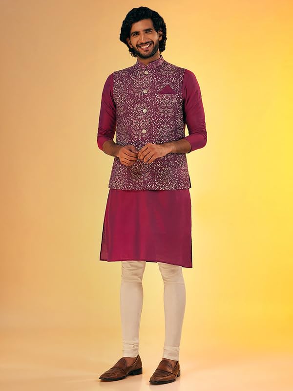 Image of KISAH Men Printed Kurta Jacket Set, Full Sleaves, Knee Length, Straight, Regular Fit, Mandarin Collar Ethnic Wear