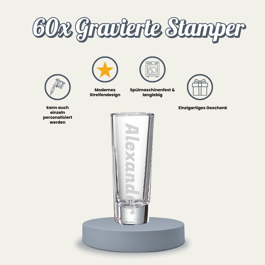 Schnapsgläser SKOL mit Gravur, Name vertikal, 6,5 cl, 60 Stück | Personalisierte Stamper, individuelle Namensgravur, Geschenk zur Hochzeit oder Geburtstag, Spülmaschinenfest