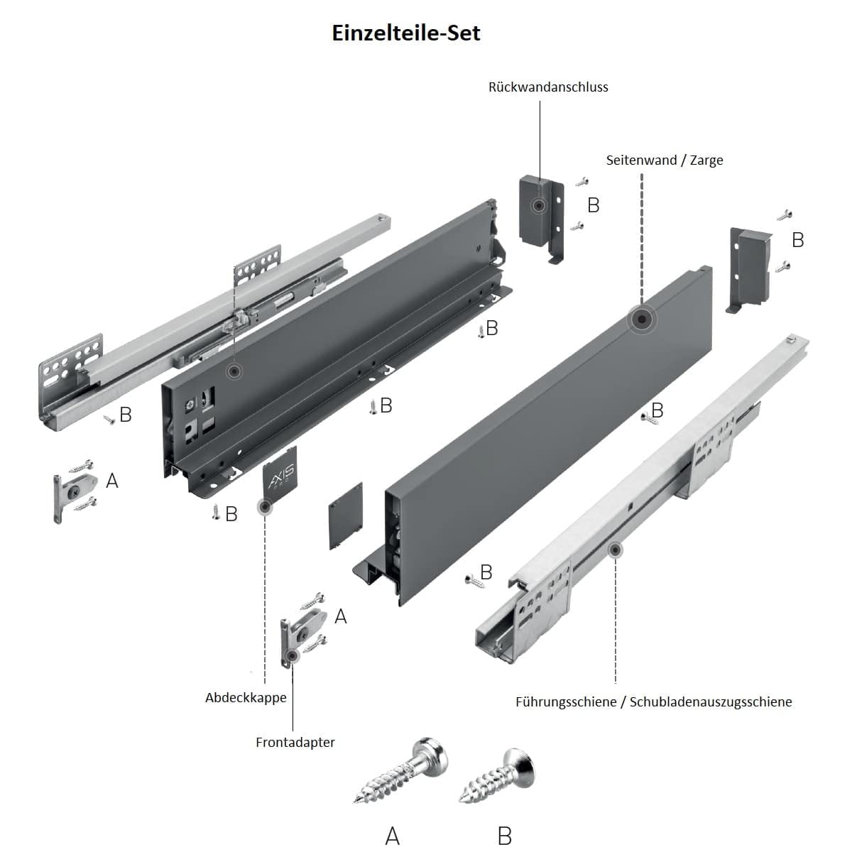 MS Beschläge Push to Open Schubladensystem Anthrazit Unterflurführung Schubkastensystem Vollauszug Schubladenauszug Schubladen-Set (Länge: 350mm, Höhe: 200mm)