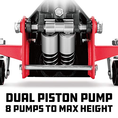 Image of Powerbuilt 3 Ton Garage Jack Car Lift, Dual Piston, Heavy Duty for Car and Truck Vehicles, 8 Pumps to Max Height 18 Inches - Red 620588