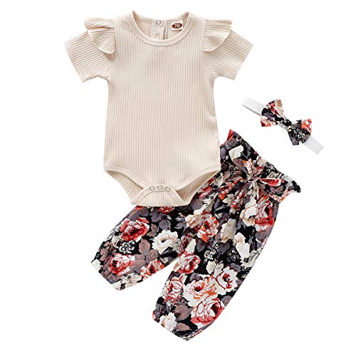 Baby Girl Clothes Newborn Floral Pants Short/Long Sleeve Cotton Ribbed Bodysuit 3PCS Outfits Set (N-Beige Ribbed Sets, 6-12 Months)
