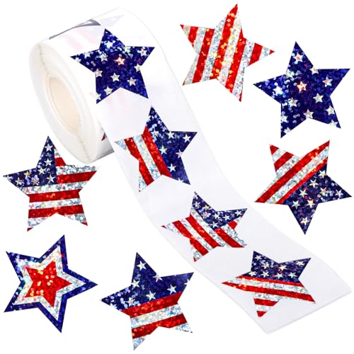 Whaline Patriotic Star Stickers Roll Holographic American Flag Star Seal Stickers Red Blue 4th of July Waterproof Self-Adhesive Decals for Independence Day Classroom Envelope Scrapbook Decor 500 Pcs