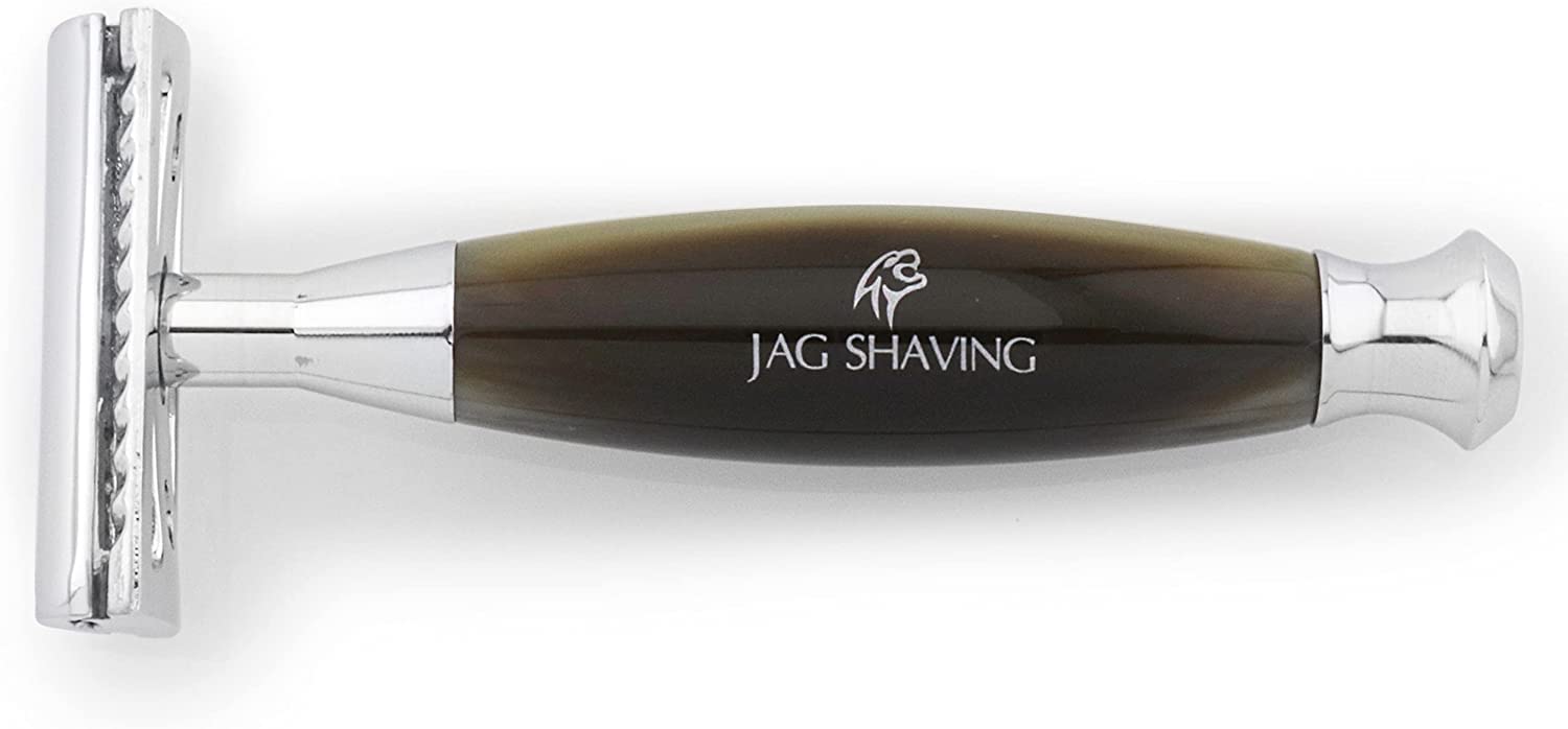 Jag Shaving Jag's Lee Range - Juego de afeitado de 3 piezas (brocha de afeitar de pelo de tejón puntiagudo, cuchillas de afeitar de doble filo, soporte para afeitar, imitación de hornión verde)