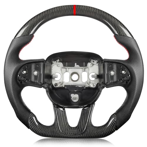 Tesfeel Steering Wheel for Dodge Charger for Dodge Challenger 2015-2024, 3K Real Carbon Fiber Steering Wheel D-shaped Flat-bottom Preforated Leather Grip (SXT/GT/RT/SRT/For Hellcat)