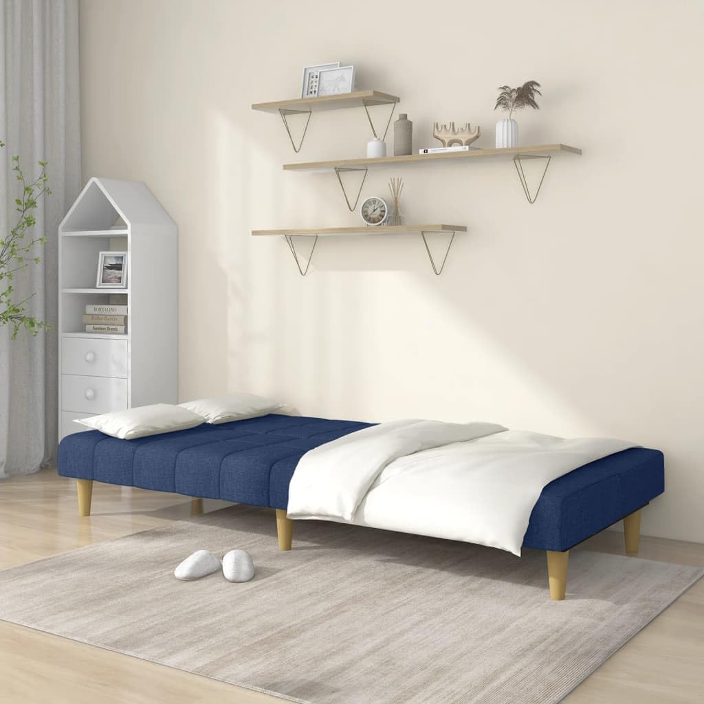 Divano letto a 2 posti in tessuto blu con due schienali separati come divano letto con struttura in legno, ideale per soggiorno e ufficio e per piccoli spazi