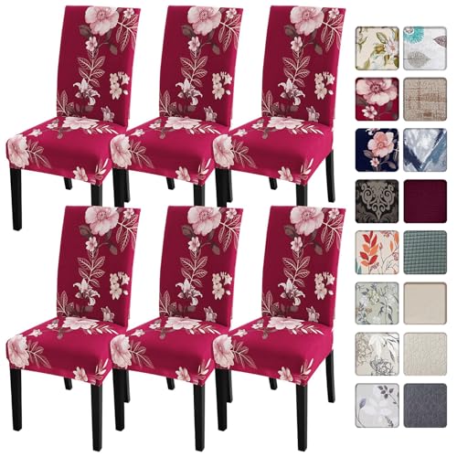 Image of SearchI Dining Room Chair Covers Slipcovers Set of 6, Spandex Super Fit Stretch Removable Washable Kitchen Parsons Chair Covers Protector for Dining Room,Hotel,Ceremony,Red+Flowers