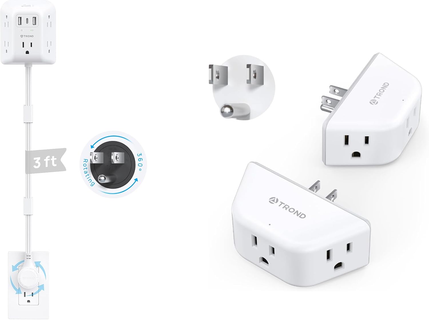 TROND Multi Plug Outlet Extender 2 Pack + 360° Rotating Plug Outlet Extender, Elctrical Wall Splitter, 3 Way Angled Wall Outlet Adapter, Use Behind Couches, Nightstands, Desks, White