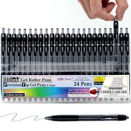 THINK2MASTER [24 Pens - Black Ink Think2 0.7mm Precision Tip Gel Pens. (24 Black) Fine Point Small Rollerball Pens with Smooth Quick Drying Ink.