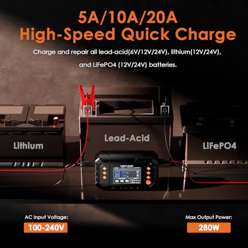 WAVLINK Smart Battery Charger, 20-Amp, Car Battery Charger with LCD Display, for 6V/12V/24V Lead-Acid/Lithium/LiFePO4 Batteries, Trickle Battery Maintainer and Desulfurizer for Car, Boat, Motorcycles - Image 3