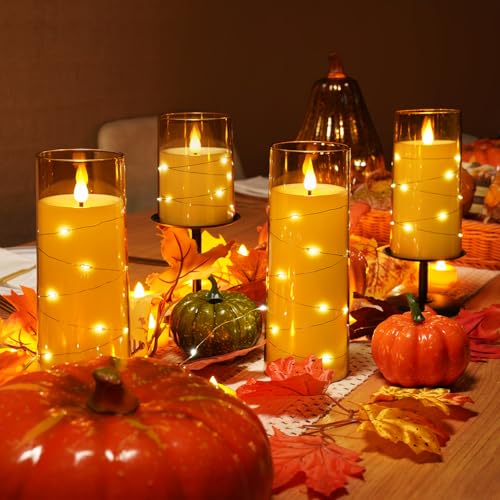 Image of Homemory Flickering Flameless Candles, Gold LED Pillar Candles with Remote