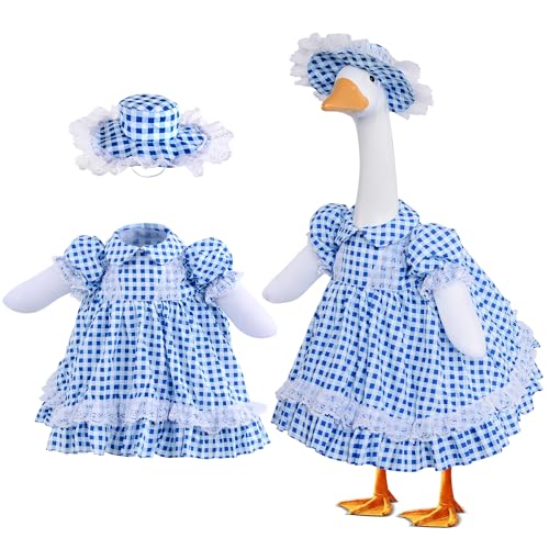 Sukione Blue Plaid Porch Goose Outfit, 23 inch Summer Lawn Goose Costume with Hat, Country Farmhouse Yard Spring Gingham Goose Clothes Dress for Outdoor Garden Patio Decor