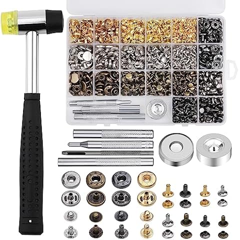 Yizzvb 320 Pcs Leather Rivets Kit, 60 Pcs Leather Snap Fasteners, 2 Size Leather Rivets Double Cap Rivet Kit, Double-Sided Nylon Hammer, 5 Pcs Installation Tools for Leather DIY Projects Cover