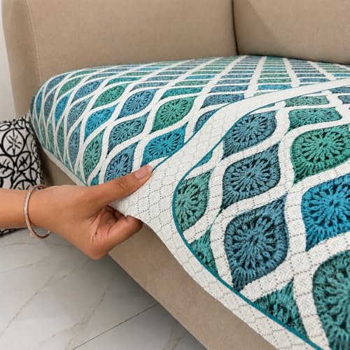 Image of Homerz Premium 'Maharaja Paradise Series' Sofa Cover | Net Fabric Sofa Cover | Washable, Anti-Dust Backed & Wrinkle Resistant Cover (Aqua Lattice, 5 (3+2) Seater, Only Seat Cover)