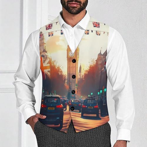 London Street with Flags Suit Vest for Men Slim Fit Tuxedo Waistcoat Button Down V Neck Business Dress Coat4