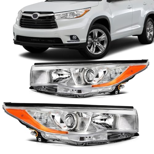SCITOO Headlight Assembly Fit 2015-2017 for Toyota Highlander Pair Headlamps Chrome Housing Amber Reflector 81170-0E180