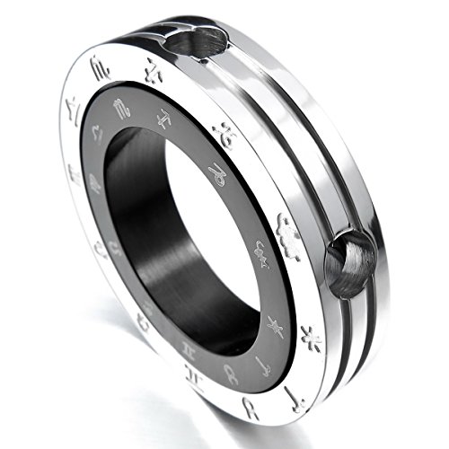 MunkiMix Acero Inoxidable Colgante Collar El Tono De Plata Negro Zodíaco Pareja Anillo Ring Hombre,Cadena 58cm