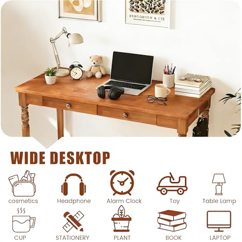 Image of 100% Solid Wooden Desk with Drawers - 47.2 inch Mid Century Modern Desk with 2 Hooks, Vintage Writing Desk with Drawers, Simple Work Study Table for Bedroom & Home Office - Walnut Color