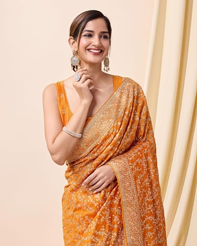 Image of TRENDMALLS Women's Vichitra Silk Heavy Embroidery With Siroski Stone Work Saree with Unstitch Blouse Piece For Women