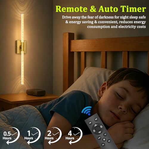 Image of iThird Crystal Bubble Gold Wall Sconces Set of 2: 10000mAh Rechargeable Wireless Lights with Remote & 360 Rotate, 4 Color Temps Dimmable, 31 inch Lamp Decor for Bedroom Living Room Mirror